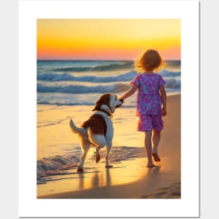 child picking flowers with a dog. Posters and Art